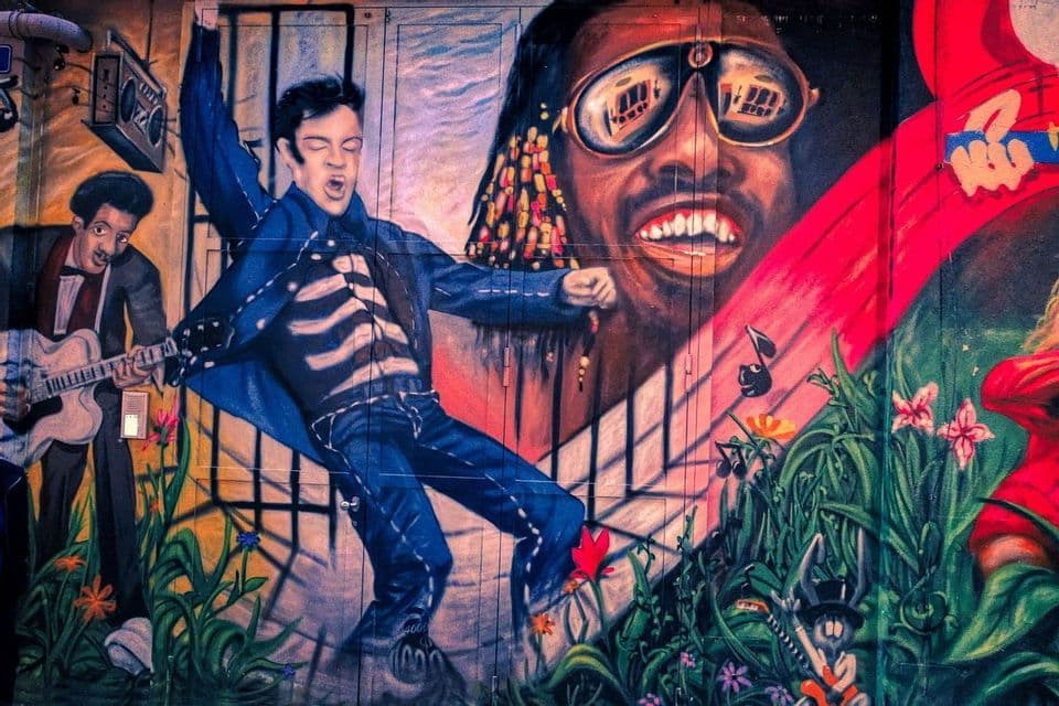 Une fresque murale colorée sur un mur représentant des caricatures des musiciens Elvis Presley et Stevie Wonder, entourés de plantes.