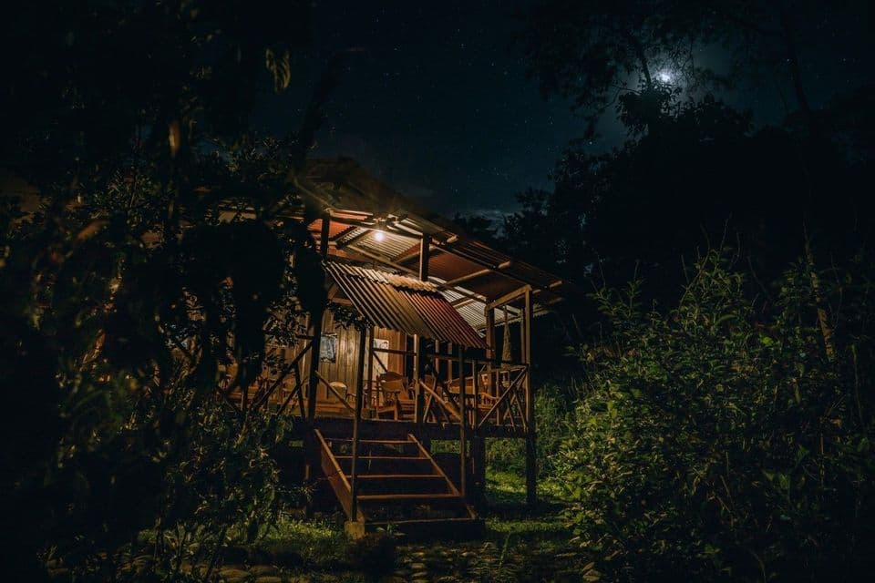 Una cabina di legno illuminata su palafitte si trova nella giungla di notte sotto un cielo stellato e una luna luminosa.