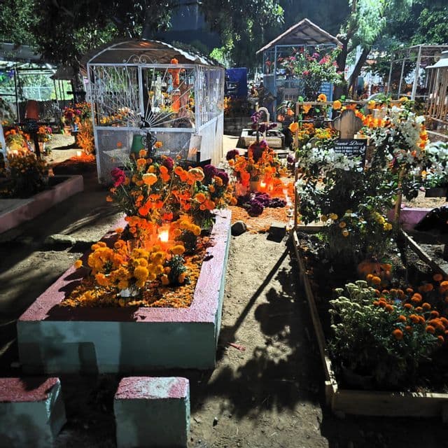 Gräber auf einem Friedhof, geschmückt mit zahlreichen orangen Ringelblumen und brennenden Kerzen während einer nächtlichen Zeremonie.