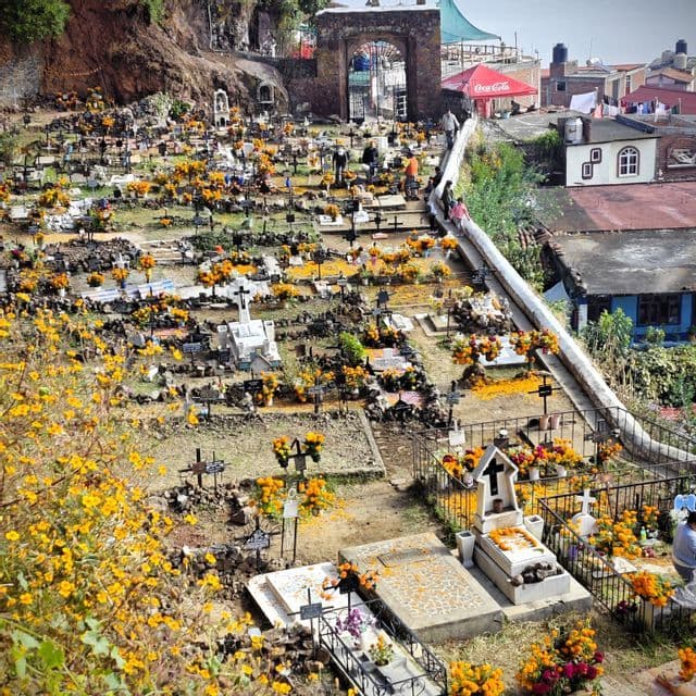 Draufsicht auf einen Hangfriedhof, dessen Gräber und Kreuze mit zahlreichen orangen und gelben Blumen geschmückt sind.