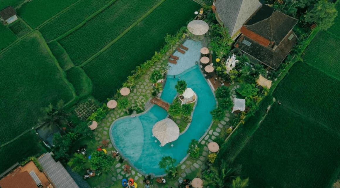 Una vista aerea di un resort con una sinuosa piscina turchese circondata da lussureggianti risaie a terrazze verdi.