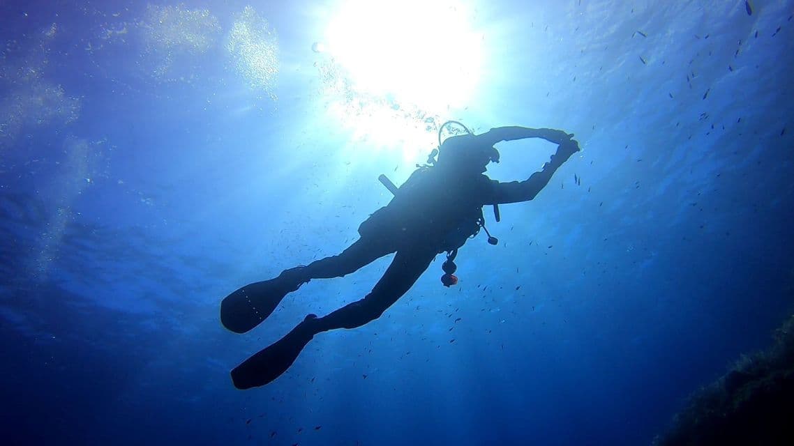 Un subacqueo in controluce contro il sole nuota sott'acqua, circondato da piccoli pesci in acque blu profonde.