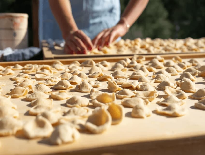 Primo piano di pasta orecchiette fresca che si asciuga su un tagliere di legno, mentre una persona ne prepara altra sullo sfondo.