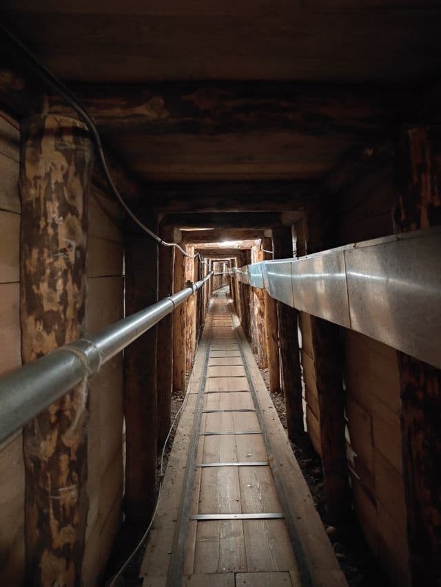 Ein langer, schummrig beleuchteter Holztunnel mit Stützbalken und einem zentralen Weg, der in die Ferne führt.