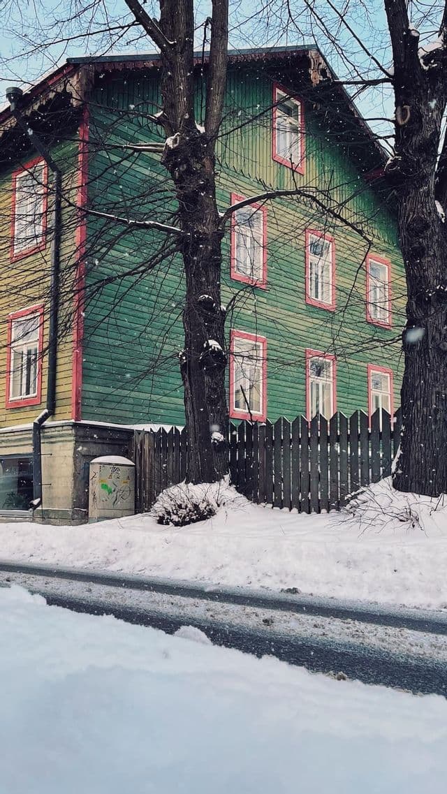 Una casa de madera verde con marcos de ventanas rosas se alza detrás de dos árboles desnudos y una valla de estacas en un día nevado.