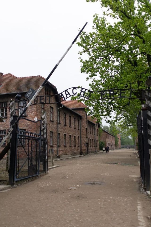 El portón de hierro con las palabras 'Arbeit Macht Frei' en la entrada de un campo con edificios de ladrillo y árboles.