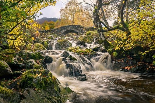 A stream cascades over mossy rocks under an old stone bridge, framed by trees with yellow autumn leaves.
