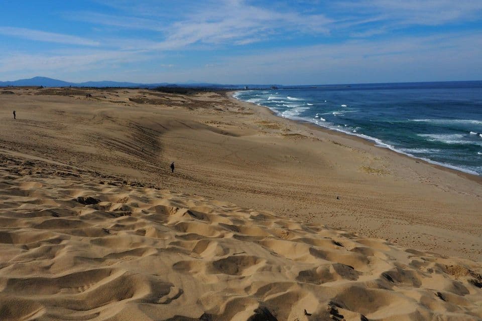 Vista aerea di vaste dune di sabbia ondulate che si estendono lungo una costa bagnata da un oceano blu con onde bianche, sotto un cielo parzialmente nuvoloso.
