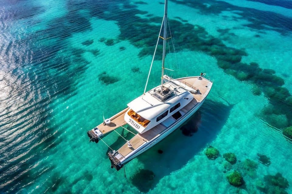 Veduta aerea di un catamarano bianco ormeggiato in limpide acque tropicali turchesi con il fondale visibile.
