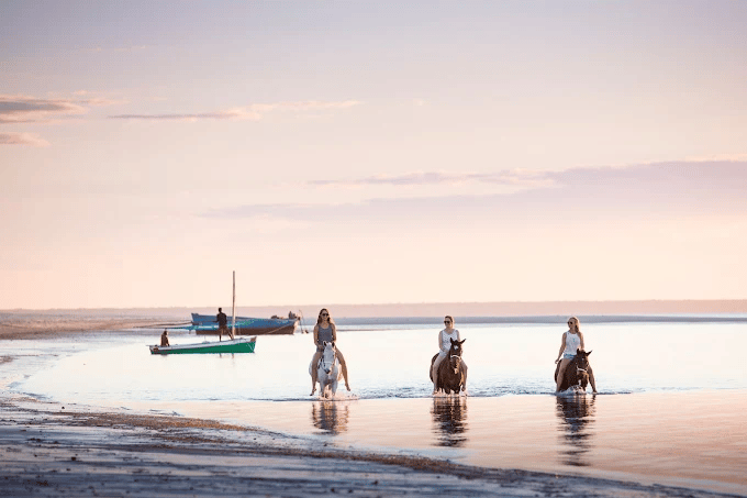 Three women from a WeRoad group trip ride horses in the shallow ocean water at sunset.