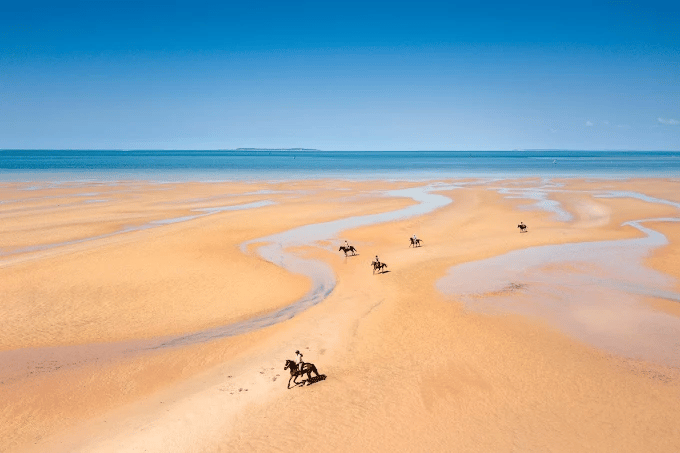 An aerial view of five people riding horses across a vast, sandy beach at low tide with the blue sea in the background.