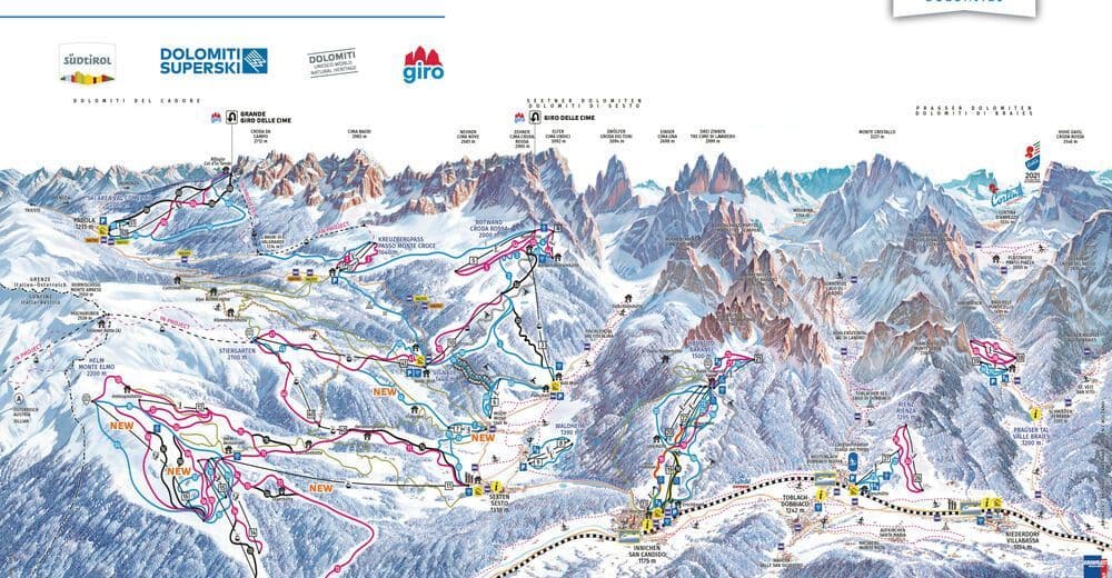 Una mappa dei sentieri del comprensorio Dolomiti Superski, che mostra le piste da sci, gli impianti di risalita e le vette montane per il tour Giro delle Cime.