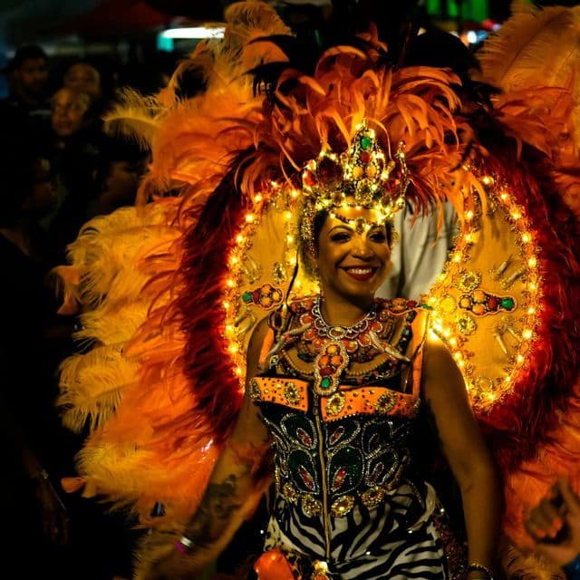 Eine lächelnde Frau in einem aufwendigen Karnevalskostüm mit einem großen, leuchtenden Kopfschmuck aus orangefarbenen und gelben Federn.