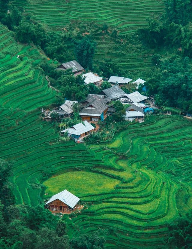 Una vista aerea di un piccolo villaggio con case dai tetti di latta, annidato tra vivaci risaie verdi terrazzate su un fianco di collina.