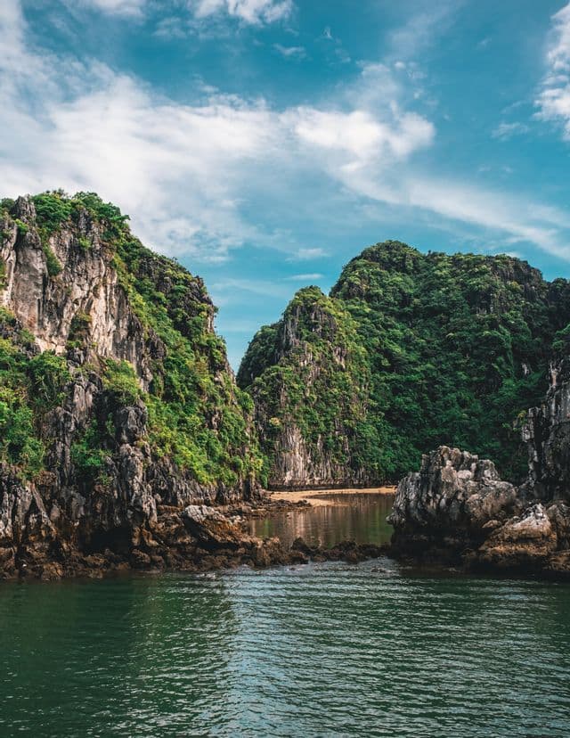 Acantilados escarpados cubiertos de exuberante follaje verde se alzan sobre aguas tranquilas, formando una pequeña cala con una playa de arena bajo un cielo azul.