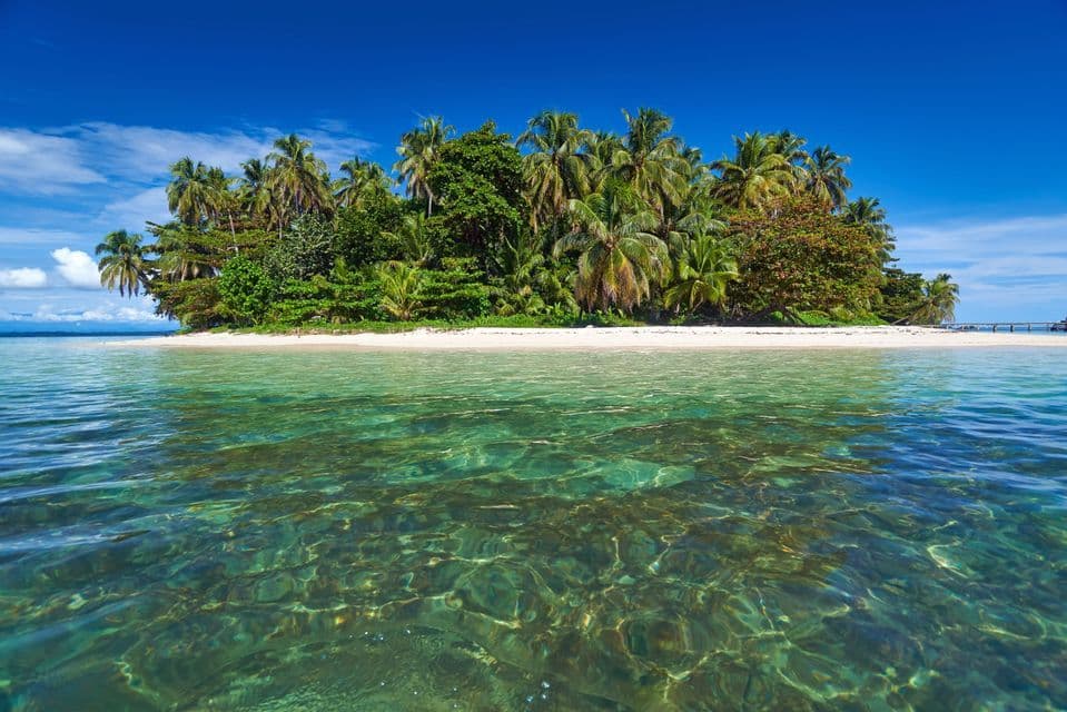 Una piccola isola tropicale con palme e una spiaggia di sabbia bianca, vista attraverso acque limpide e turchesi sotto un cielo azzurro.