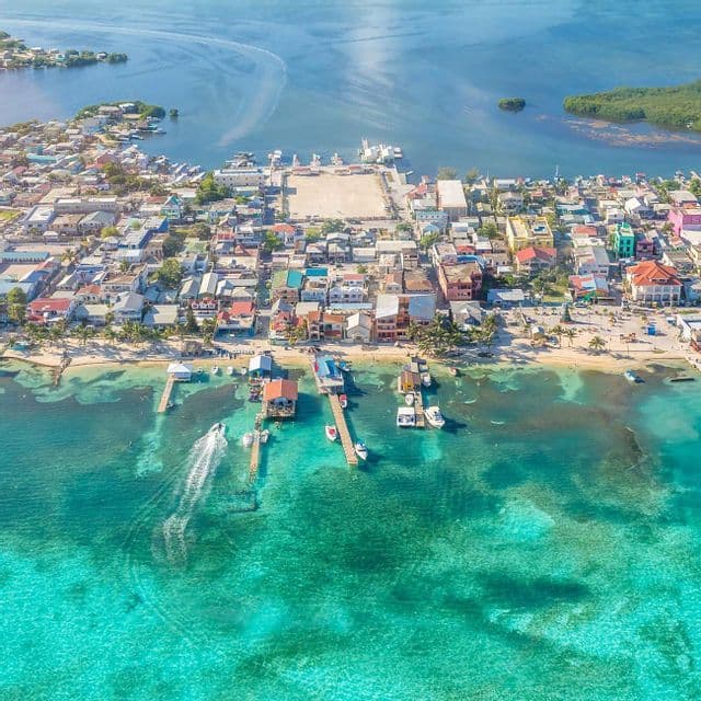 Caye Caulker from above Aerial view of Caye Caulker and its turquoise water, Belize