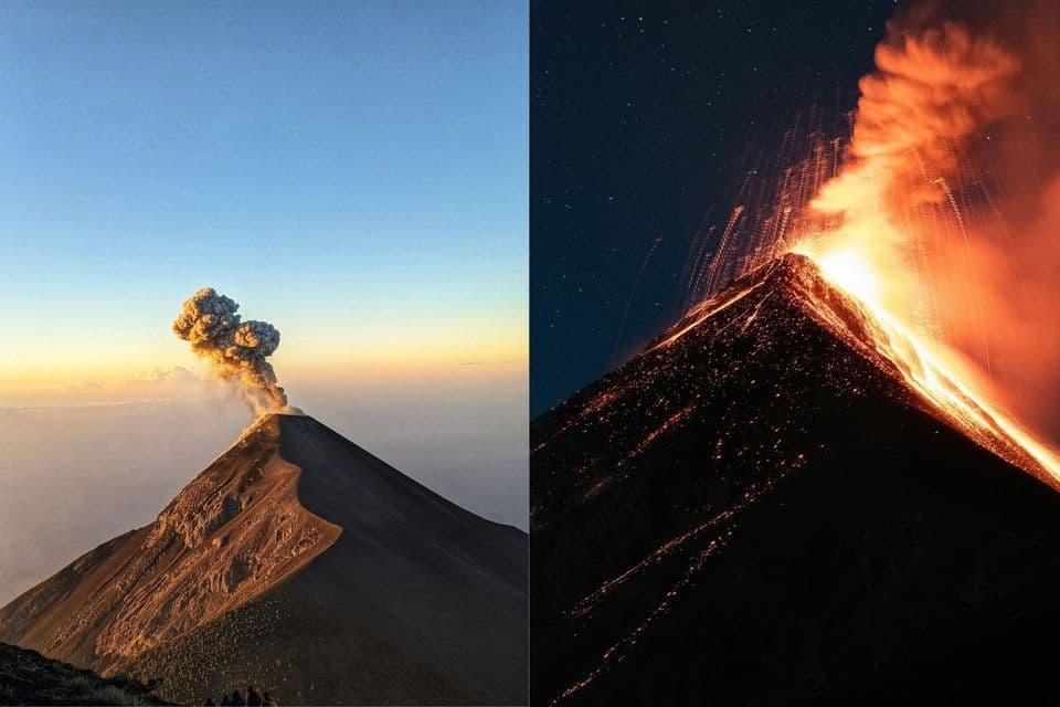 Ein direkter Vergleich eines Vulkanausbruchs: Tagsüber mit einer Rauchfahne und nachts mit glühender Lava.