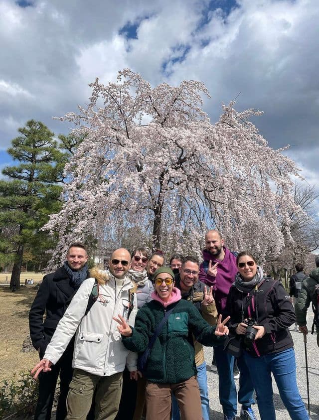 Eine WeRoad-Gruppenreise posiert für ein Foto vor einem großen, blühenden Trauerkirschbaum unter einem teilweise bewölkten Himmel.