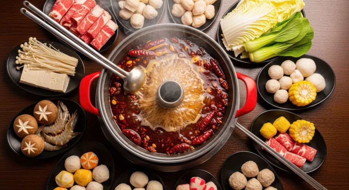 An overhead view of a steaming spicy hot pot surrounded by plates of raw meat, seafood, vegetables, and meatballs.