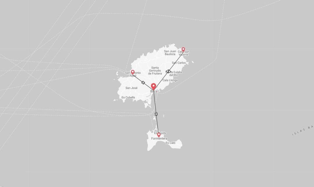 Mapa de Ibiza y Formentera con itinerario de viaje y paradas en San Antonio, Ibiza ciudad y Cala San Vicente.