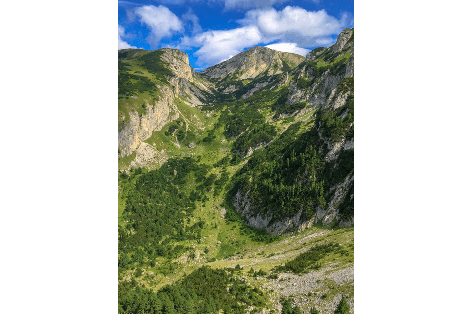 Veduta dall'alto di una profonda valle montana verdeggiante con pendii rocciosi e boschi, sotto un cielo azzurro parzialmente nuvoloso.
