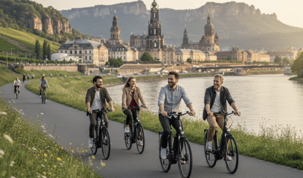 Eine WeRoad Gruppenreise von vier Personen, die entlang eines Flussufers radeln, mit einer historischen Stadt und Hügeln im Hintergrund.