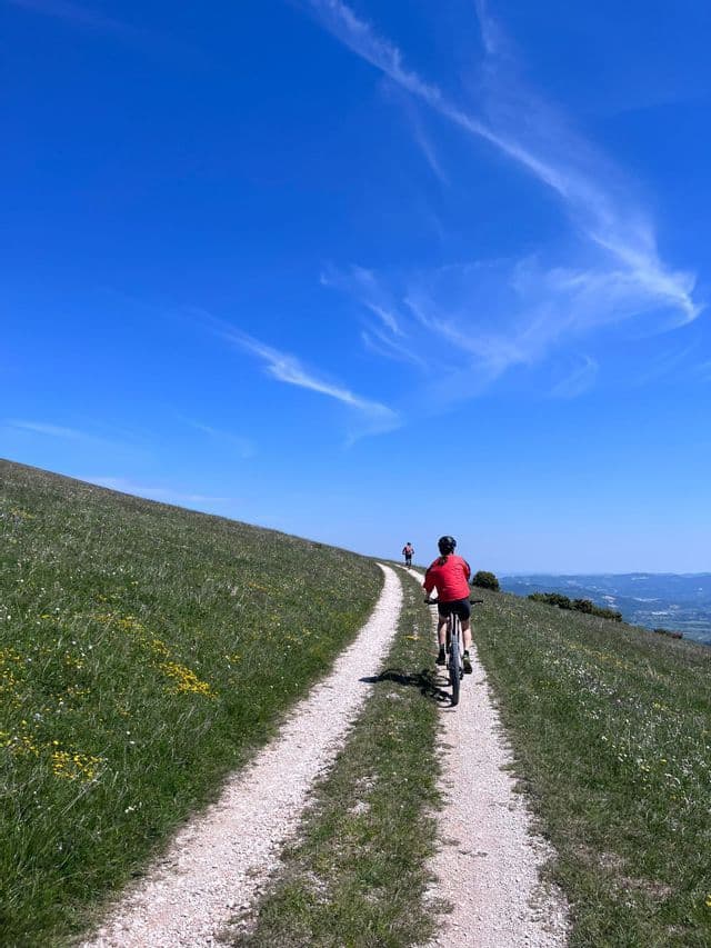 Un gruppo WeRoad pedala in bicicletta su un sentiero sterrato che sale su una collina erbosa, sotto un cielo azzurro e limpido.