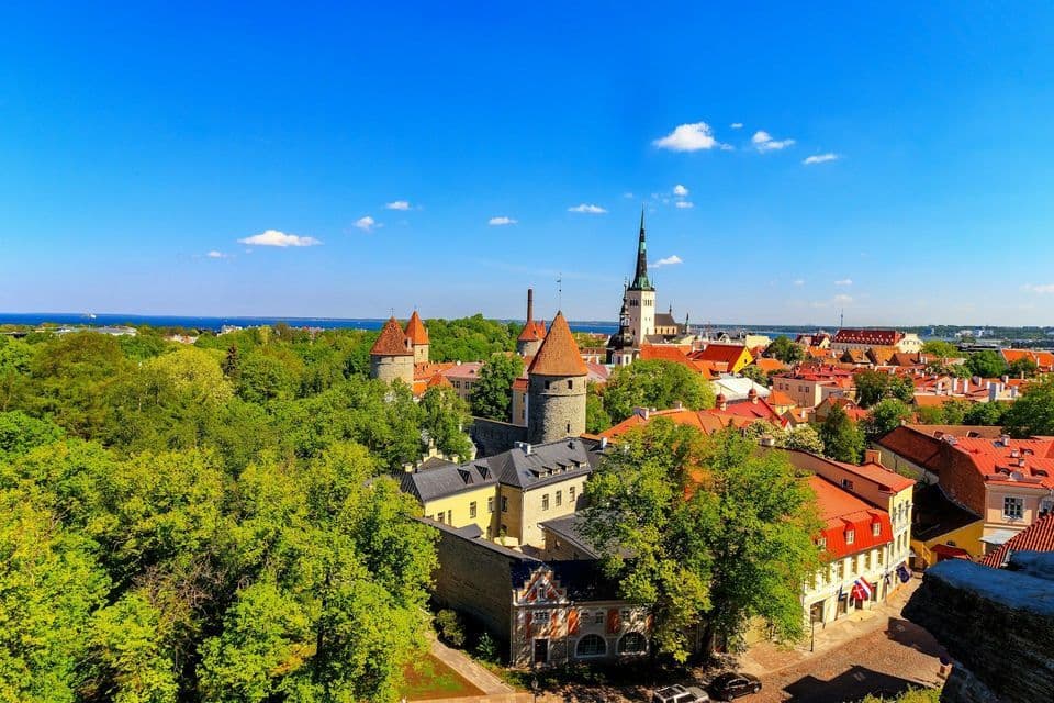 Una vista dall'alto di una città storica con torri in pietra, edifici dai tetti rossi e alberi verdi lussureggianti, con il mare visibile in lontananza.