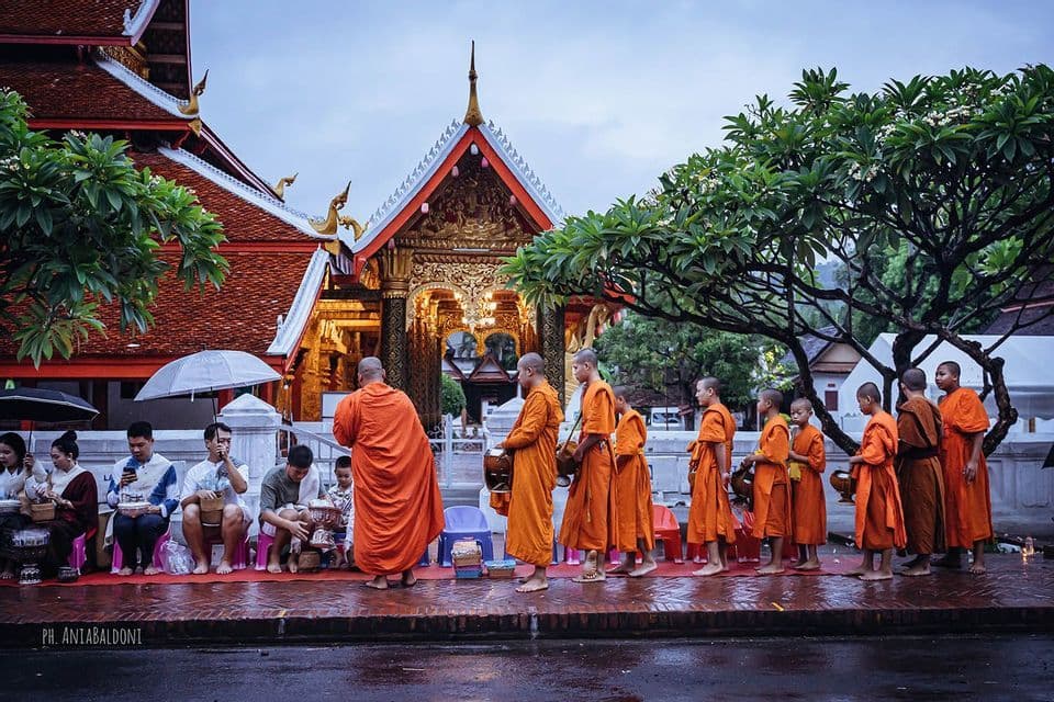 Una fila di monaci buddisti in tuniche arancioni riceve offerte dalla gente durante una cerimonia di elemosina fuori da un tempio.