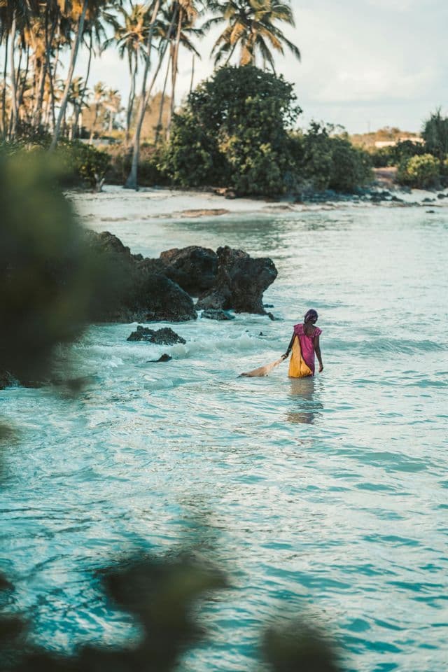 Una persona con un vestito rosa e giallo sgargiante si addentra nell'oceano da una spiaggia sabbiosa costeggiata da palme.