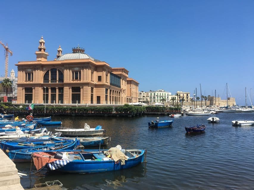 A harbor filled with small blue boats docked in front of a large, ornate peach-colored building under a clear blue sky.