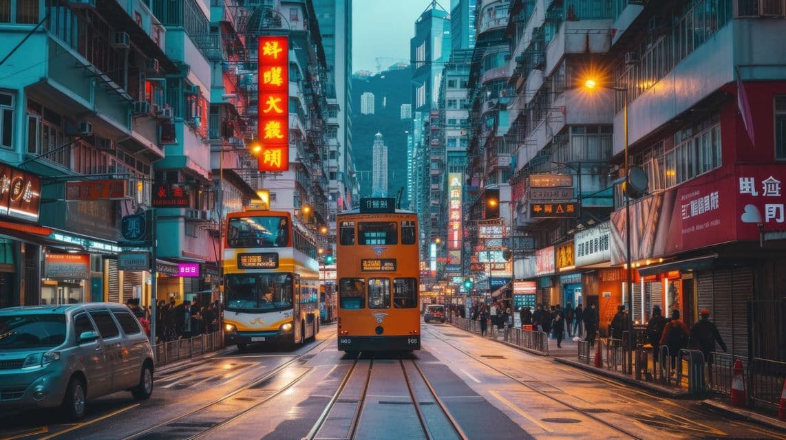 A double-decker tram and a bus on a busy city street lined with tall buildings and glowing neon signs at dusk.