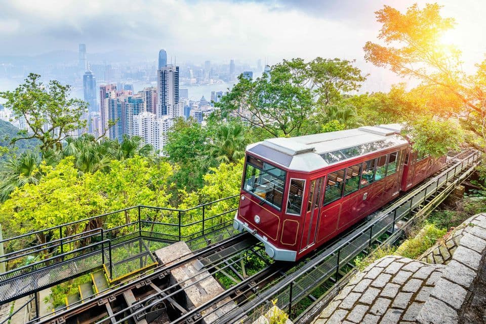 A red funicular tram ascends a track on a lush, green hillside overlooking a dense city skyline with skyscrapers and a bay.