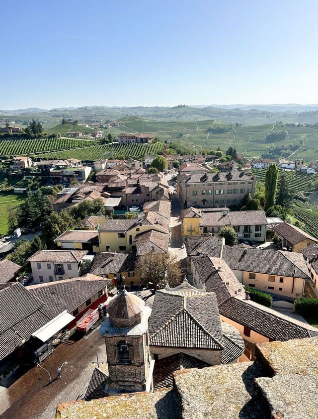 Una vista dall'alto di un borgo con tetti in tegole immerso tra dolci colline verdi ricoperte di vigneti.