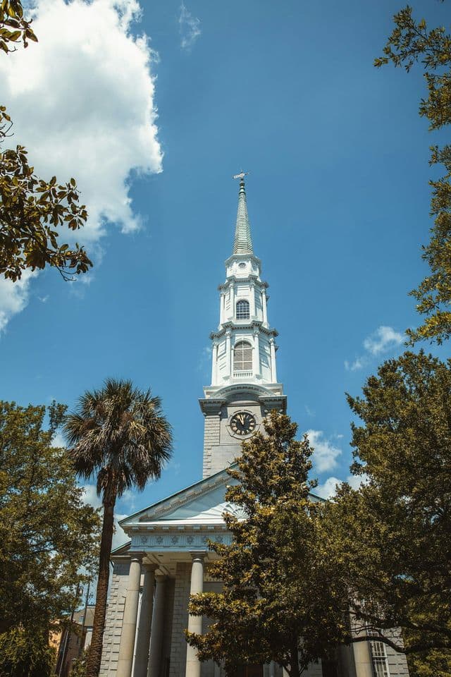 A low-angle view of a white church steeple and clock tower against a bright blue sky, framed by green trees and a palm tree.