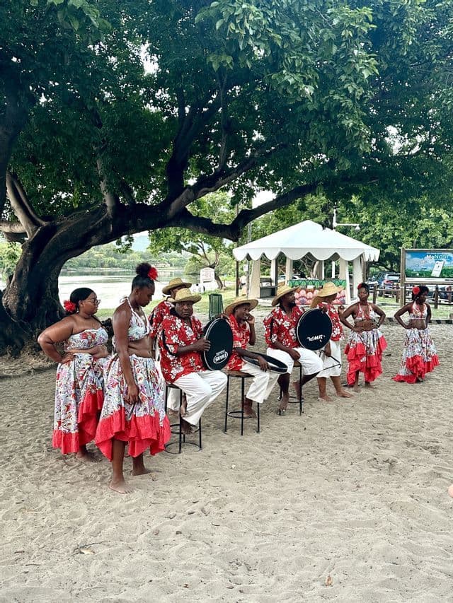 Un groupe de musiciens et de danseurs en tenues florales rouges jouant des tambours sur une plage de sable sous un grand arbre.