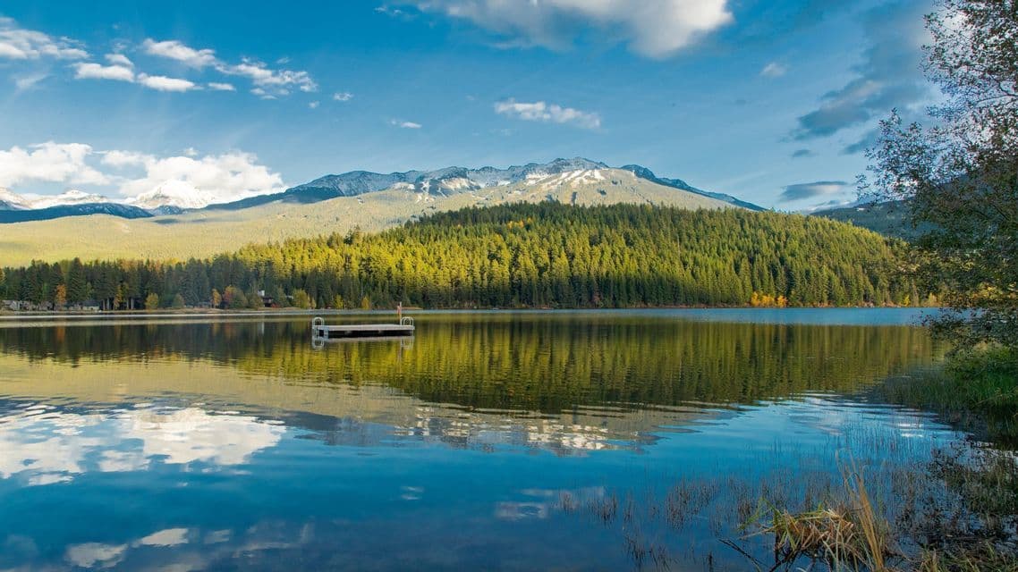 A calm lake with a small floating dock reflects a dense forest and snow-capped mountains under a partly cloudy sky.