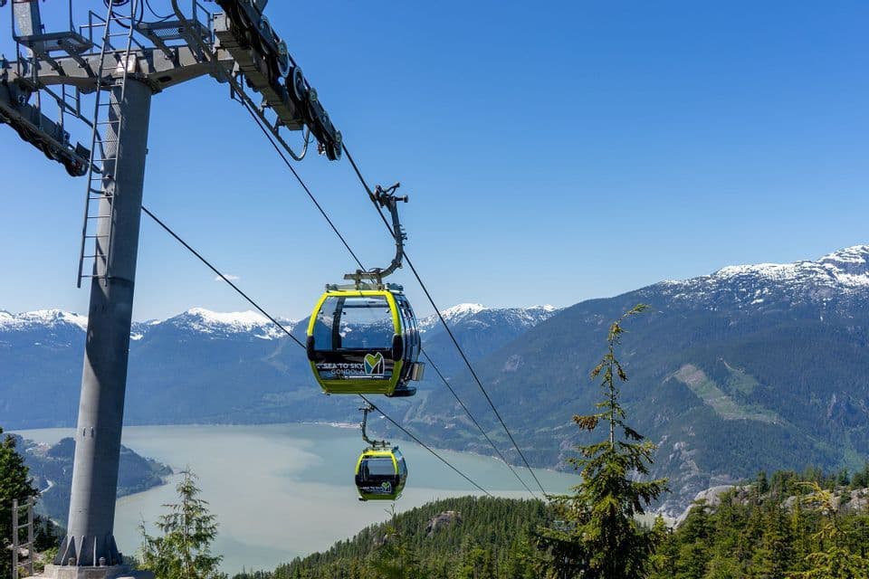 Two yellow gondolas travel on a cableway high above a body of water and forested, snow-capped mountains.