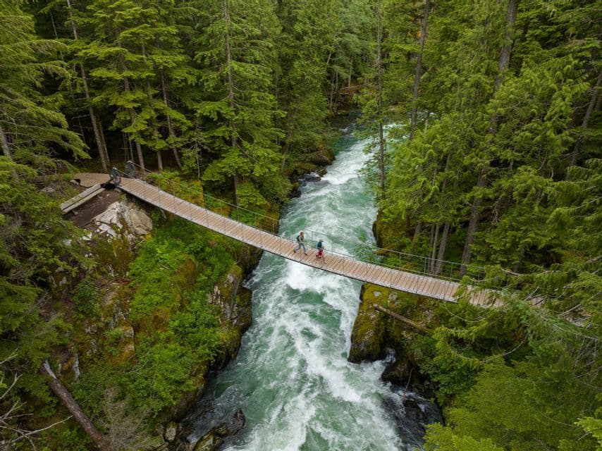 An aerial view of two people walking on a suspension bridge over a rushing river surrounded by a dense forest.