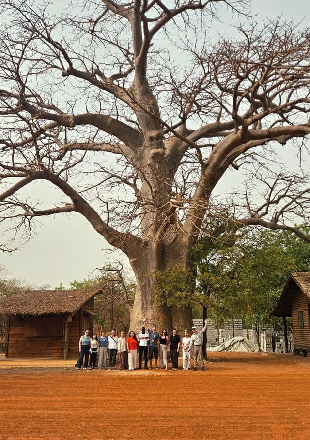 Eine WeRoad-Gruppe posiert für ein Foto auf roter Erde vor einem riesigen, blattlosen Baobab-Baum.