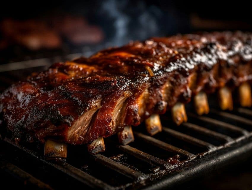 A close-up of a rack of saucy barbecue ribs smoking on a hot grill grate.
