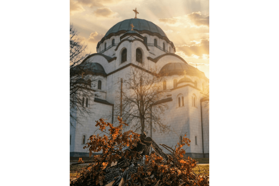 Vista dal basso di un mucchio di foglie e rami autunnali, con una grande chiesa a cupola bianca stagliata contro un cielo al tramonto.