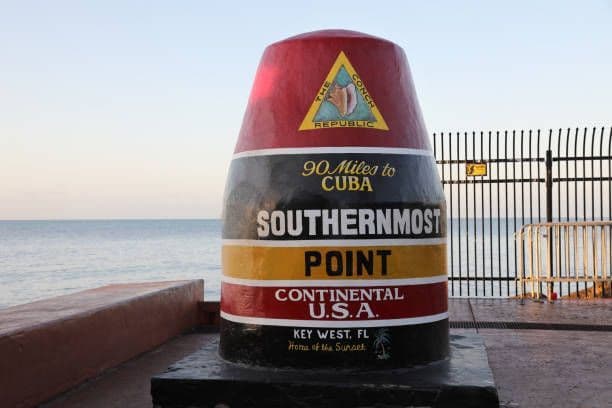 The Southernmost Point buoy in Key West, Florida, a landmark marking the most southern point in the continental U.S.A.