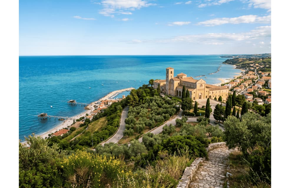 Un'abbazia in pietra su una collina domina una cittadina costiera, una strada tortuosa e il mare turchese con i tradizionali trabocchi da pesca.