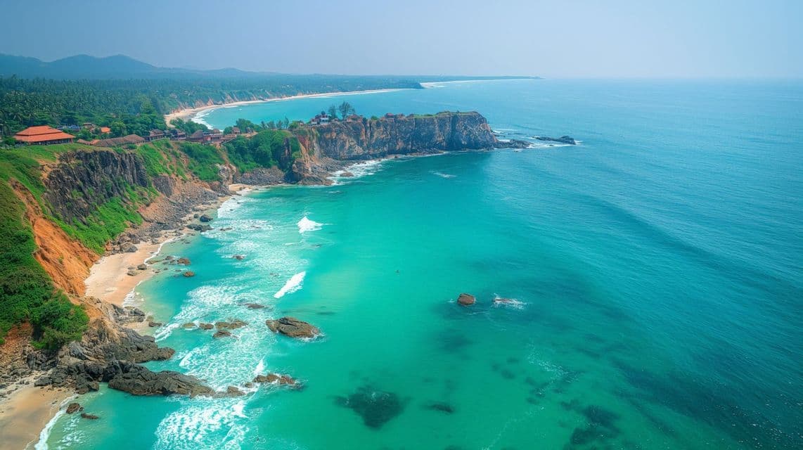 Vista aérea de una costa tropical con exuberantes acantilados verdes, playas de arena y vibrantes aguas turquesas bajo un cielo despejado.