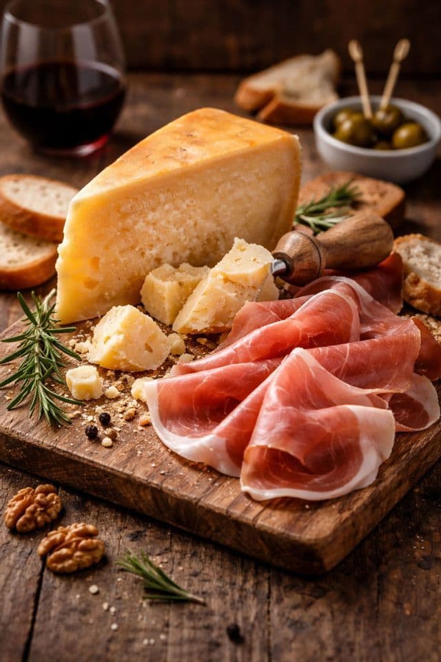 Un tagliere di salumi e formaggi con prosciutto affettato, un pezzo di formaggio stagionato, olive e pane, adagiato su un tavolo di legno con un bicchiere di vino rosso.