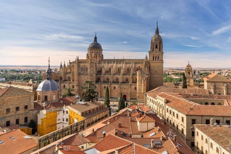 A large, ornate stone cathedral with spires and domes rises above a city with terracotta-tiled roofs under a partly cloudy sky.