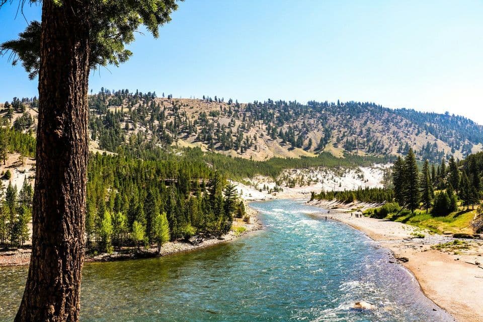 A WeRoad group trip walks on the sandy bank of a wide river in a forested mountain valley under a clear blue sky.