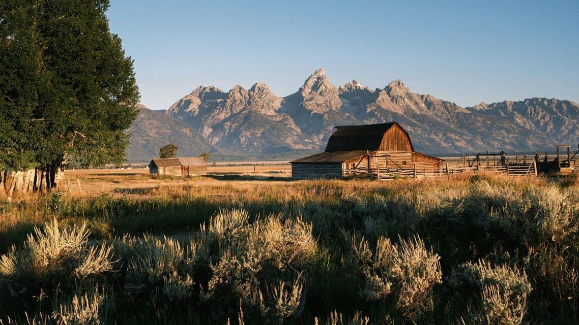 A rustic wooden barn stands in a grassy field with sagebrush in front of a jagged mountain range.